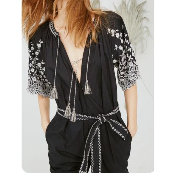 Ulla Johnson Alexi Floral Embroidered Poplin Jumpsuit Black Boho Tassel Western - Picture 1 of 14